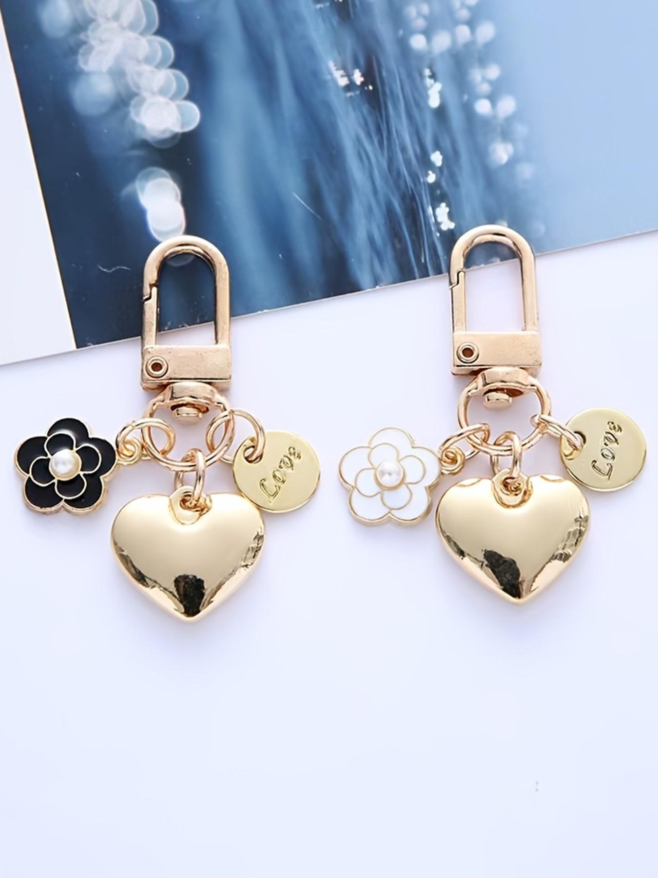 Fashion Heart Love Keychain Pendant, Imitation Pearl Camellia Letter Metal Accessory, Women's Bag Charm, All Seasons Cute Style