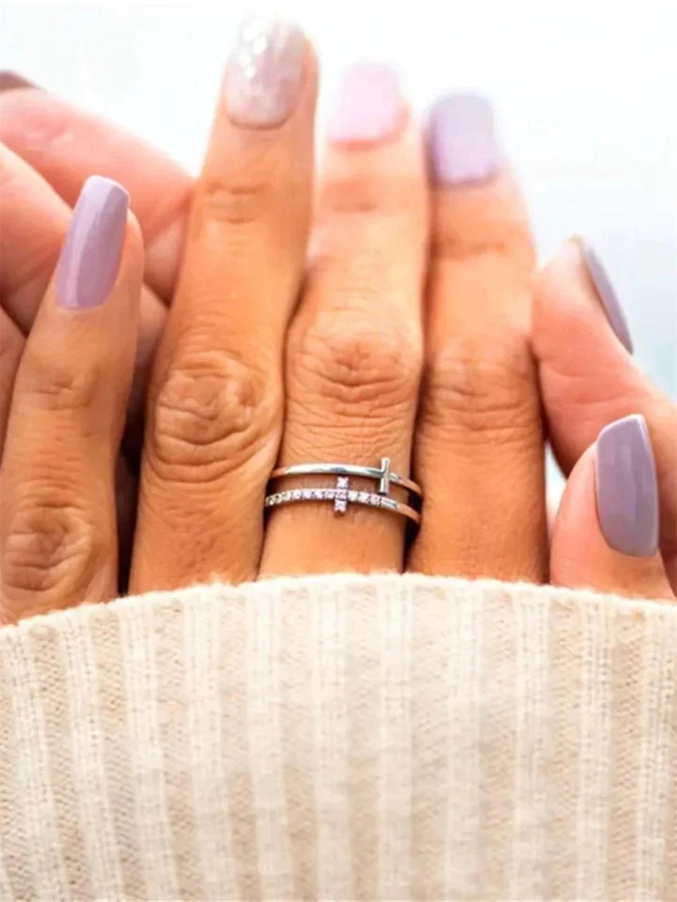 Rhinestone Decor Cross Design Double Layered Ring, Stackable Rings, Fashion Jewelry Accessories for Women & Girls, Matching Jewelry