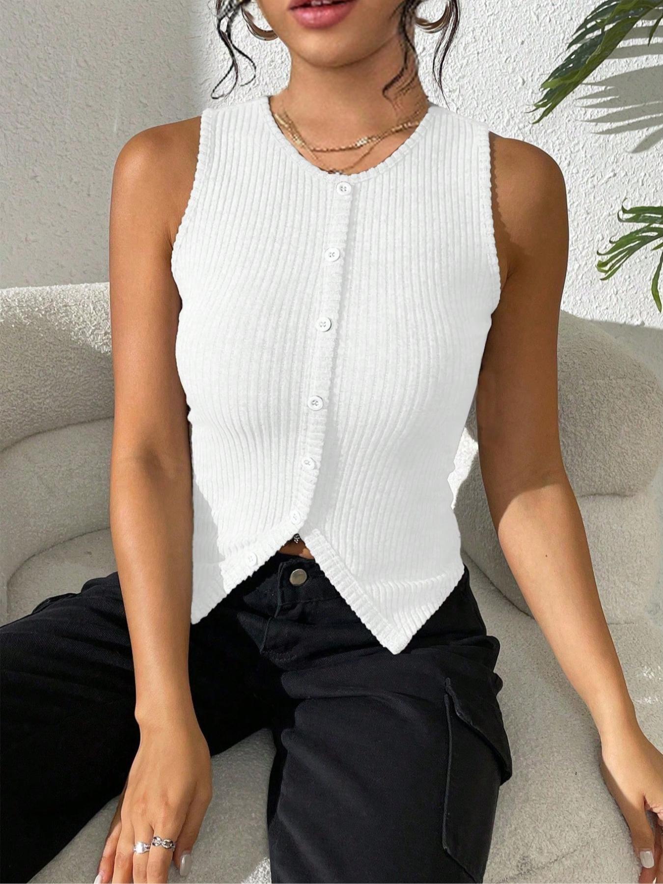 Women's Tight-Fit Knitted Ruched Micro-Transparent Round Neck Sleeveless Slim Fit Vest, Split Hem Button Design, Elegant Chic Casual Daily Fashion Top