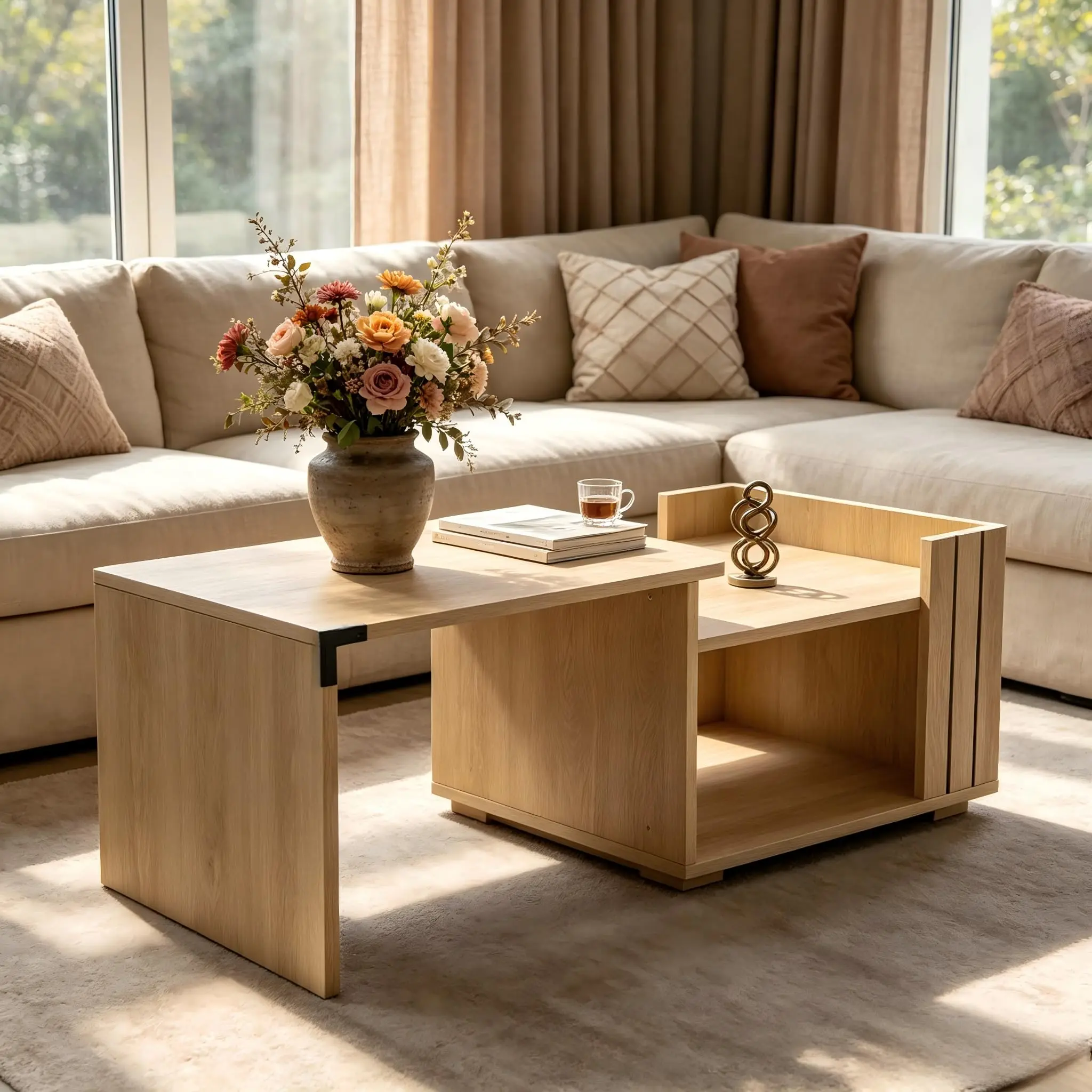 Extendable Coffee Table with Storage – Wooden Center Table for Small Spaces, Living Room