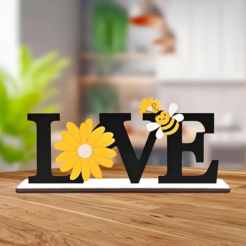 Wooden Summer Decorative Ornament with Bees and Sunflowers, Ideal for Desktop, Wall, Tray, Shelf, Fireplace Decoration