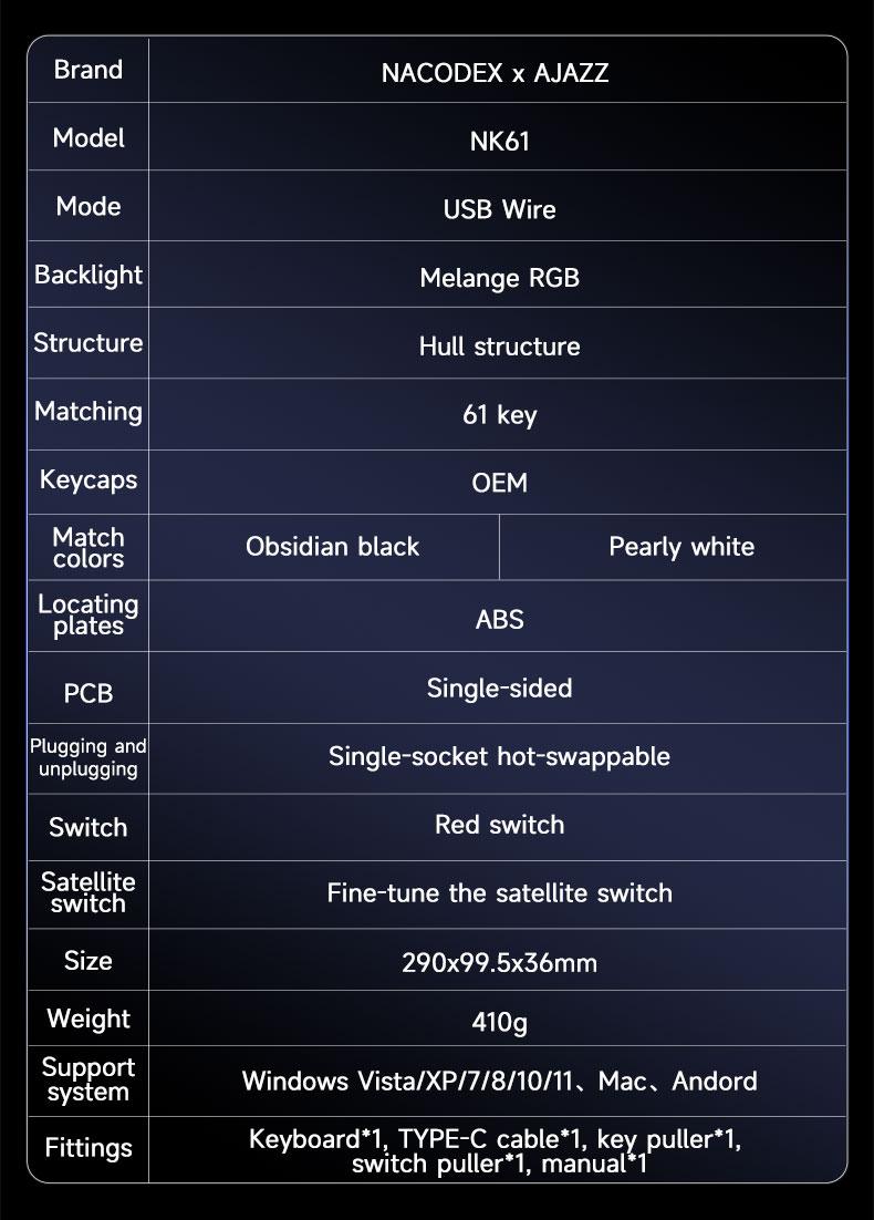 AJAZZ NK61 wired gaming mechanical keyboard AJAZZ red switch compact office keyboard 61 key e-sports gaming keyboard ribbon design dazzling light effects DIY plug and play support multiple systems suitable for gaming and office