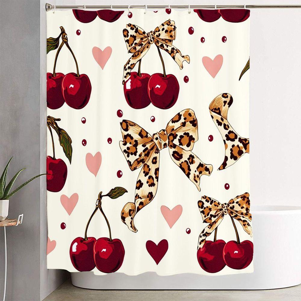 1/4pcs Cherry & Leopard Print Bathroom Set, Shower Curtain with Cream Background, Red Cherries, Pink Hearts, Leopard Bows, Toilet Cover, Bath Mat, Perfect for Valentine's Day Mother's Day Bedroom Decor - Stylish Home Bathroom Accessories Set