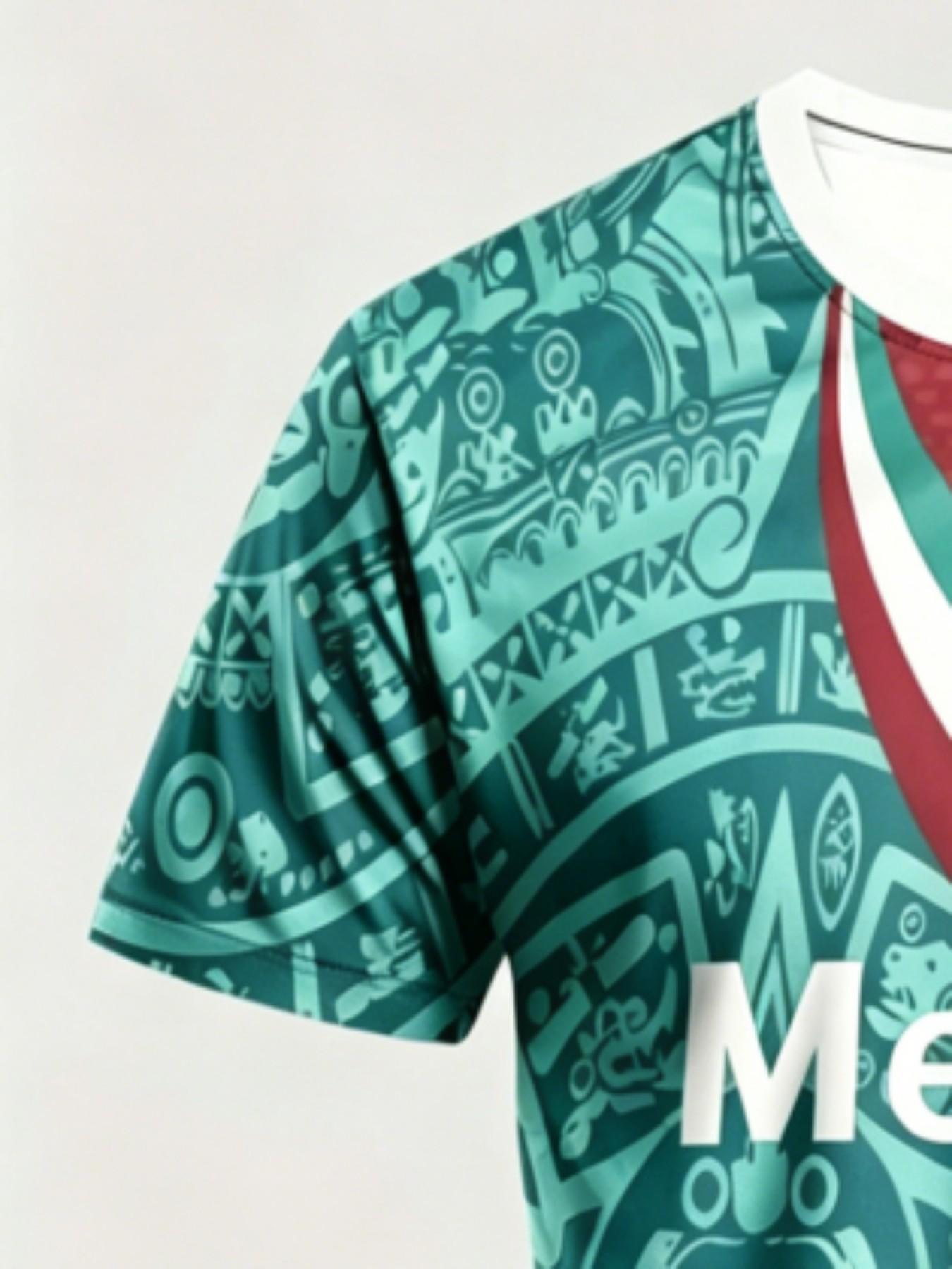 Men's Mexican Aztec Sunstone Flag Sport T-Shirt, Street Style Round Neck Short Sleeve Top, Geometric Pattern, All Seasons