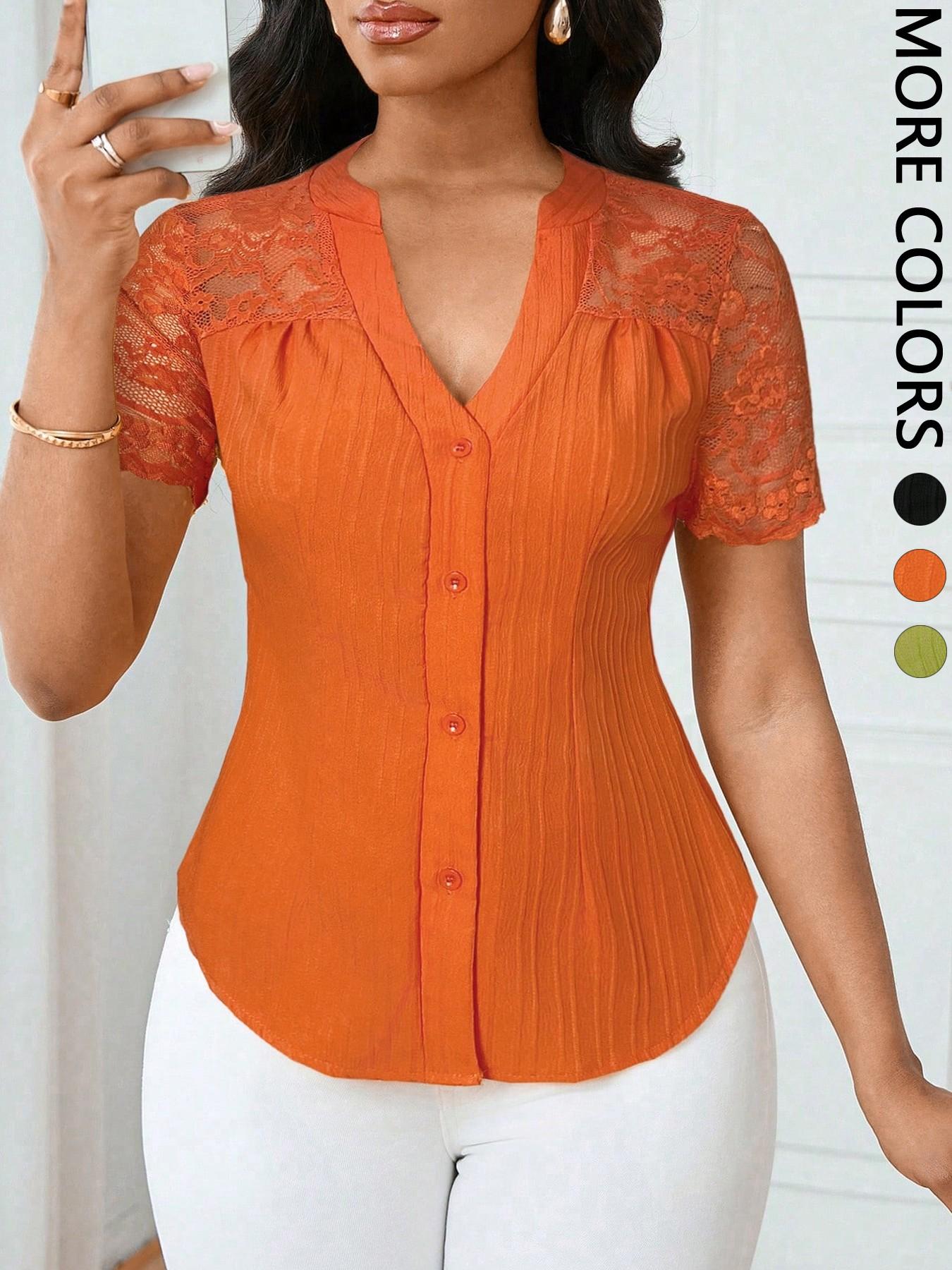 Women's Solid Color Simple Fitted Commuter Casual Shirt Summer Style, Ladies Plain Design Office Wear, Comfortable and Stylish Blouse