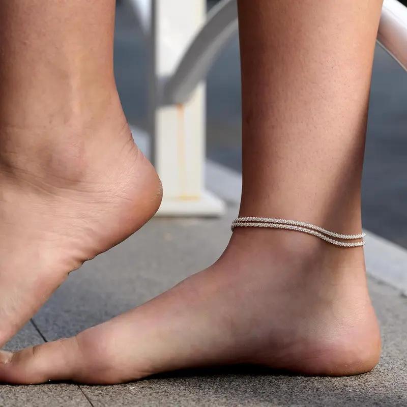 Double Layer Sparkle Anklet, Gold/Silver Plated, Summer Beach Foot Jewelry Gift for Women