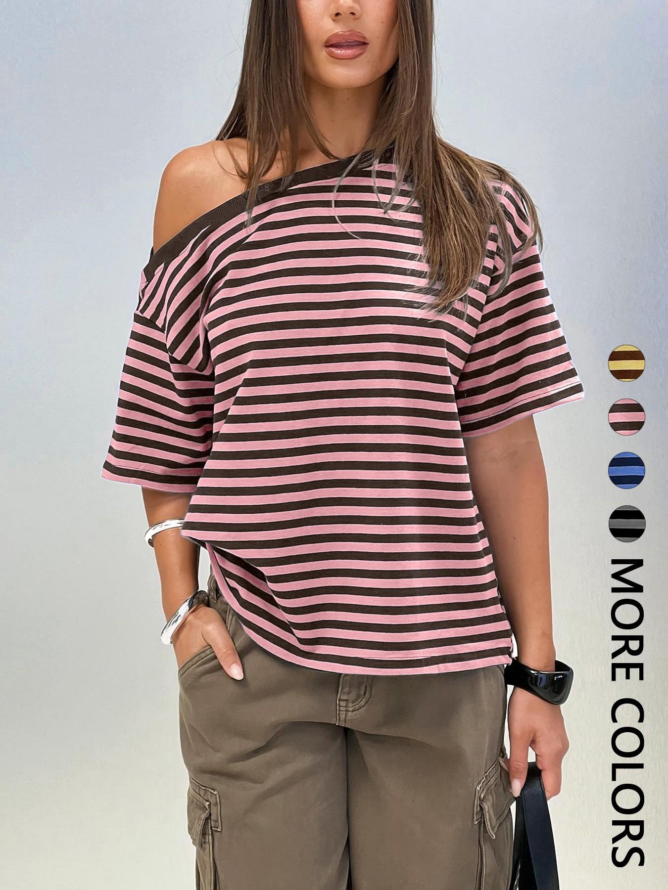Women's Striped Off-Shoulder T-Shirt, Lightweight Casual Loose Fit Top, Comfortable Daily Wear, Trendy Summer Fashion