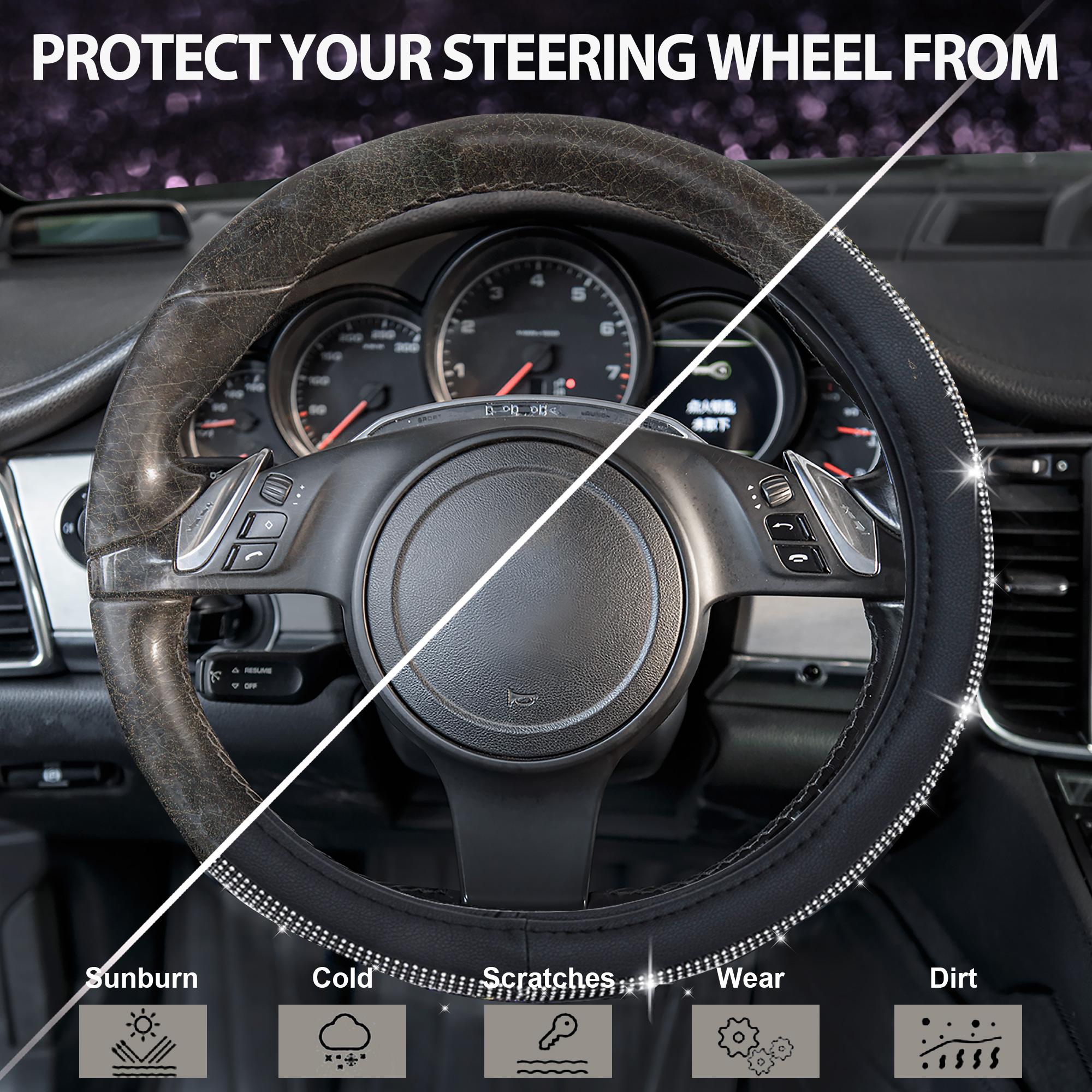 CAR PASS Bling Diamond Leather Steering Wheel Cover,with Sparkly Crystal Glitter Rhinestones Universal Fit 14" 1/2-15"Women Girl Fit Suvs,Vans,Sedans