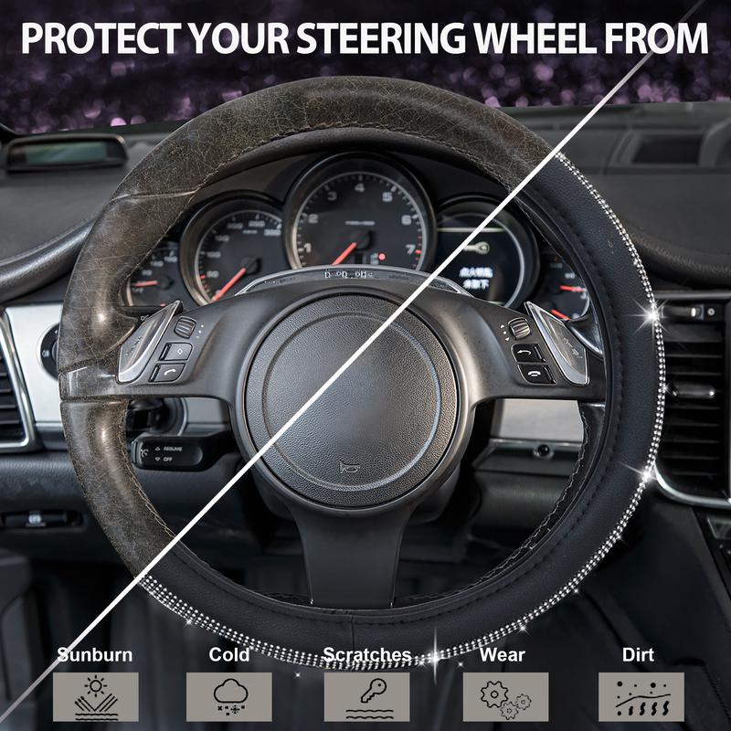 CAR PASS Bling Diamond Leather Steering Wheel Cover,with Sparkly Crystal Glitter Rhinestones Universal Fit 14" 1/2-15"Women Girl Fit Suvs,Vans,Sedans
