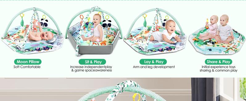 DeLorma 4-in-1 Tummy Time Mat Baby Activity Play Mat with 6 Infant Learning Sensory Toys & 18 Ocean Balls for Motor Skill Development 0-36 Months