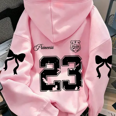 Women's Cute Trendy Number and Bow Print Long-Sleeve Hoodie, Kangaroo Pocket & Drawstring Hooded Sweatshirt, Casual Fashionable Autumn & Winter Graphic Top, Cute Hoodies