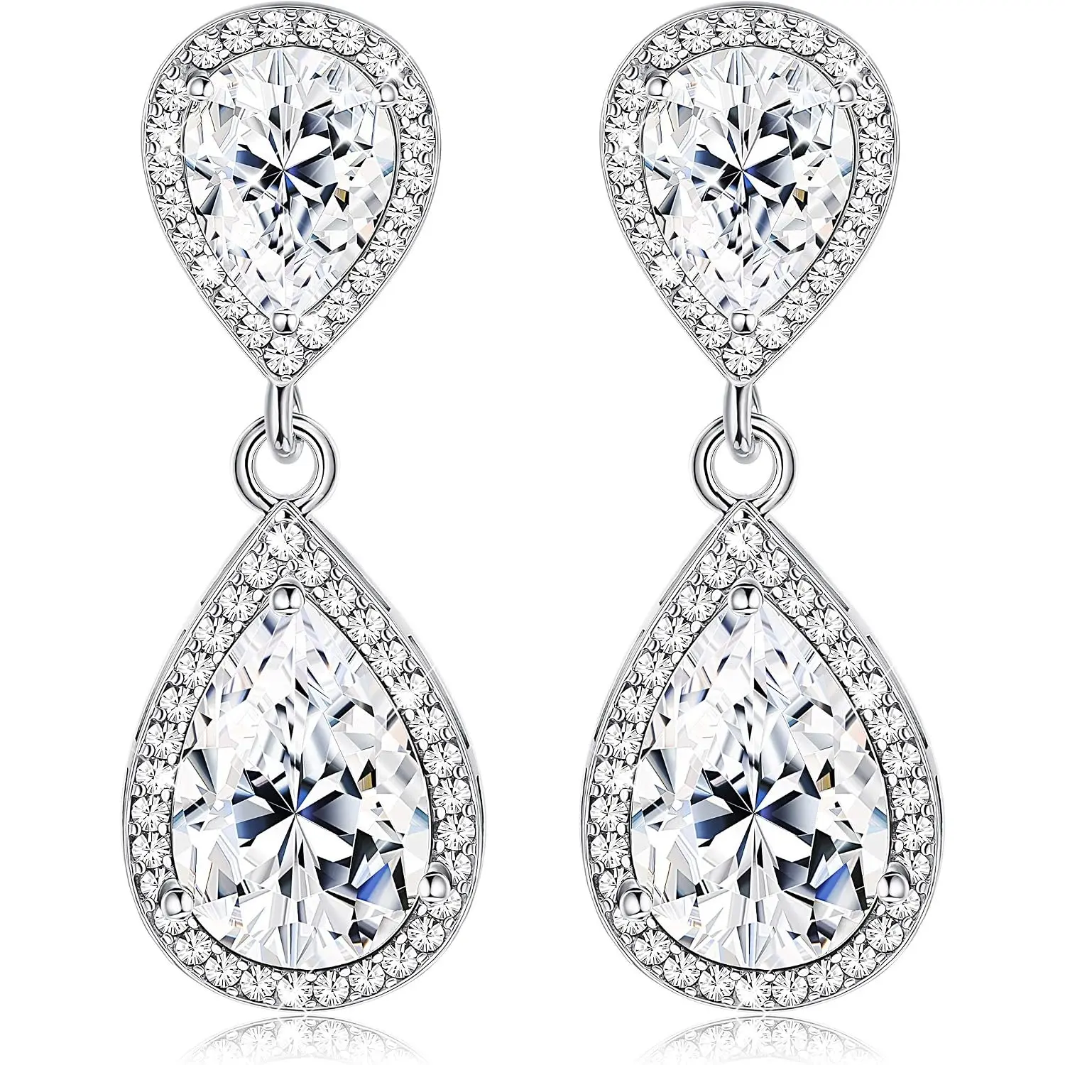 Women's Silver CZ Teardrop Dangling Drop Earrings - Copper Base, Double Tier, Elegant Formal Jewelry for Formal Events, Gentle Wear, Dangling Drops