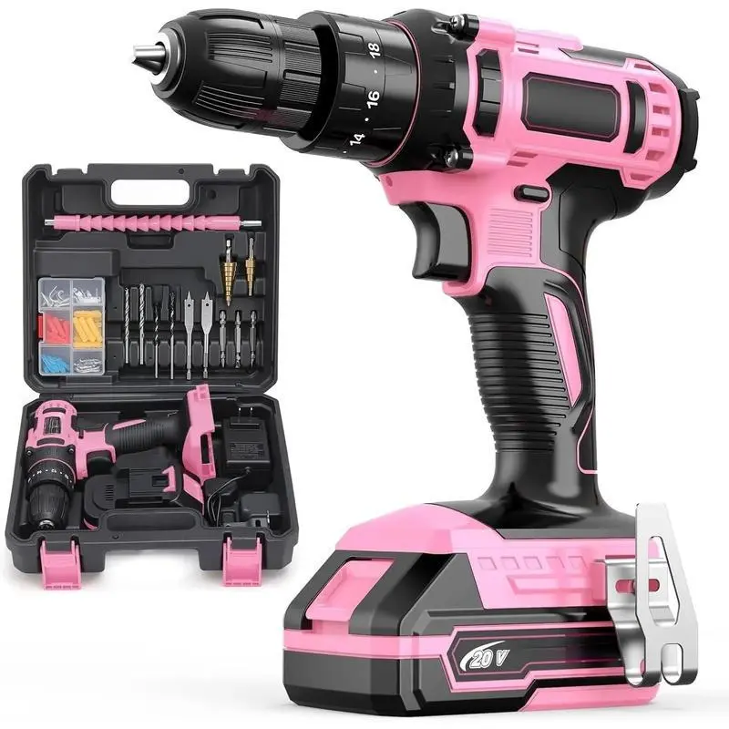 20V Cordless Drill, Electric Power Drill Set with Battery Charger and Carrying Case, 3/8" Keyless Chuck, 2 Variable Speed, 18+3 Torque, 72pcs Driver Bits and Belt Hook, Pink
