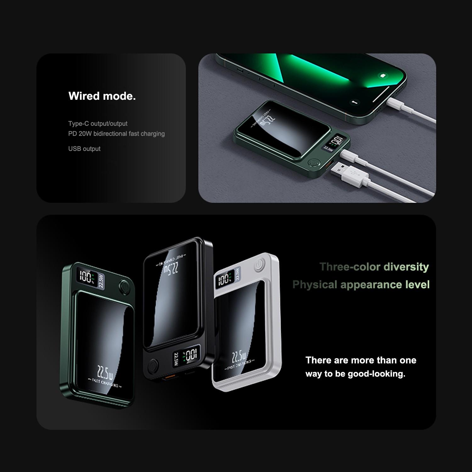 SIFOX Ultra-thin Magnetic Wireless Charging Battery 22.5W Ultra-fast Charging + 15W Magnetic Wireless Charging Type-C + USB Dual Output LED Digital Display 5000mAh Portable Power Bank for iPhone and Android Devices