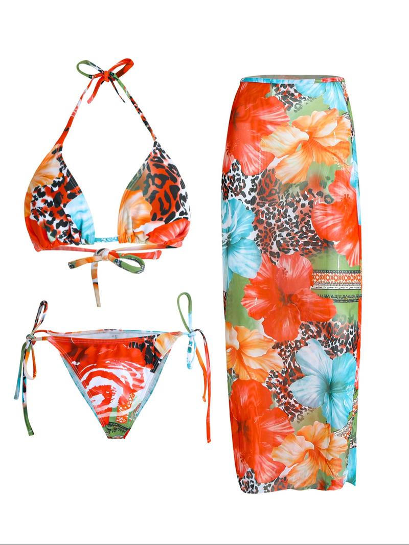 Women's Floral Print Halter Bikini Set, Casual Tie Back Contrast Mesh Swim Top & Tie Side Swim Bottom & Cover Up Skirt Set, Ladies Swimsuit for Beach Holiday Vacation, Floral Print Bikinis