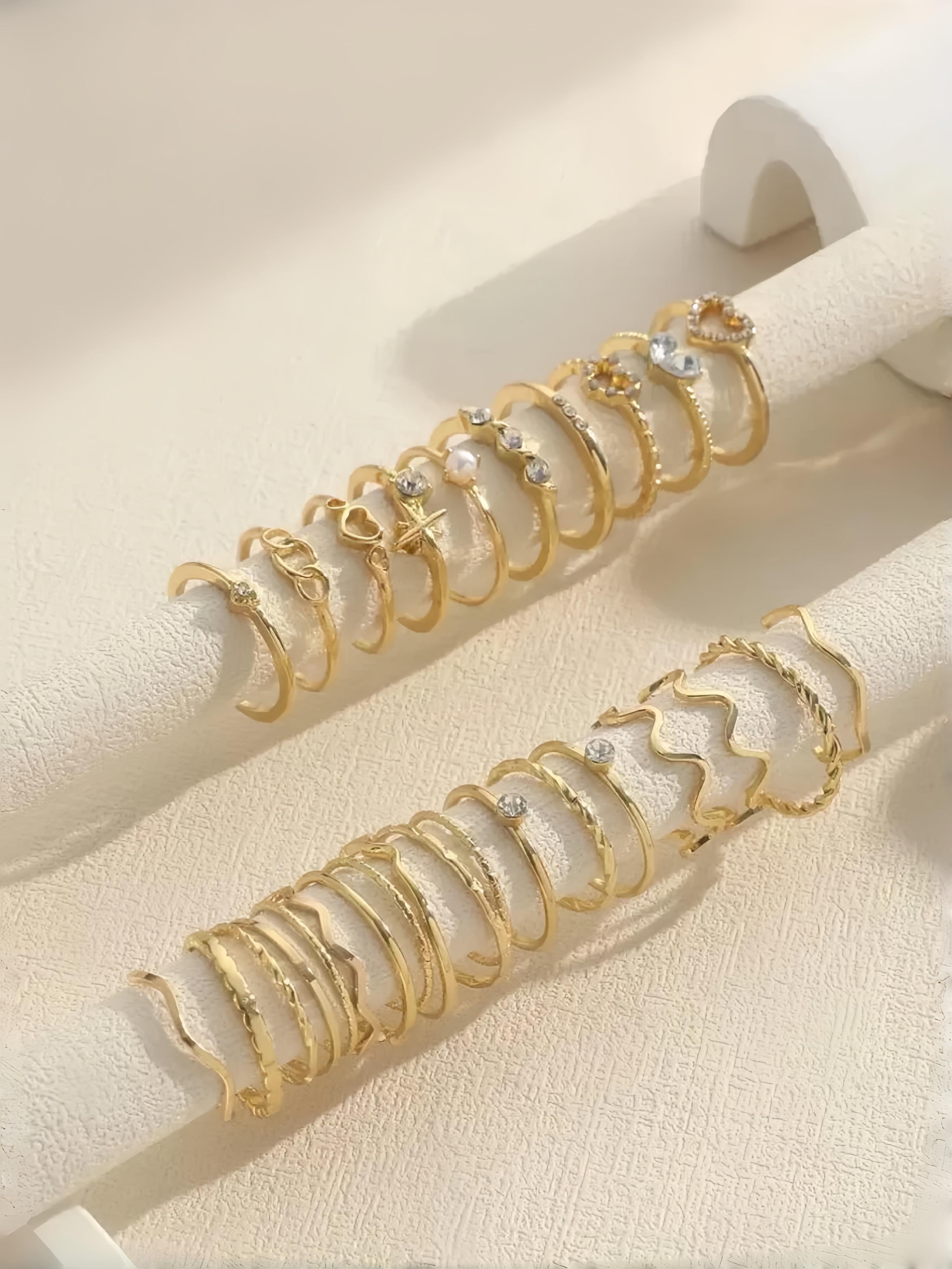 28pcs Heart Shaped Geometric Boho Style Rhinestone Knuckle Rings, Minimalist Wave Design, Perfect for Women's Daily Wear & Parties