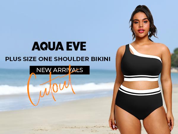 Aqua Eve Women Plus Size High Waisted Bikini One Shoulder Two Piece Swimsuit Color Block Bathing Suits