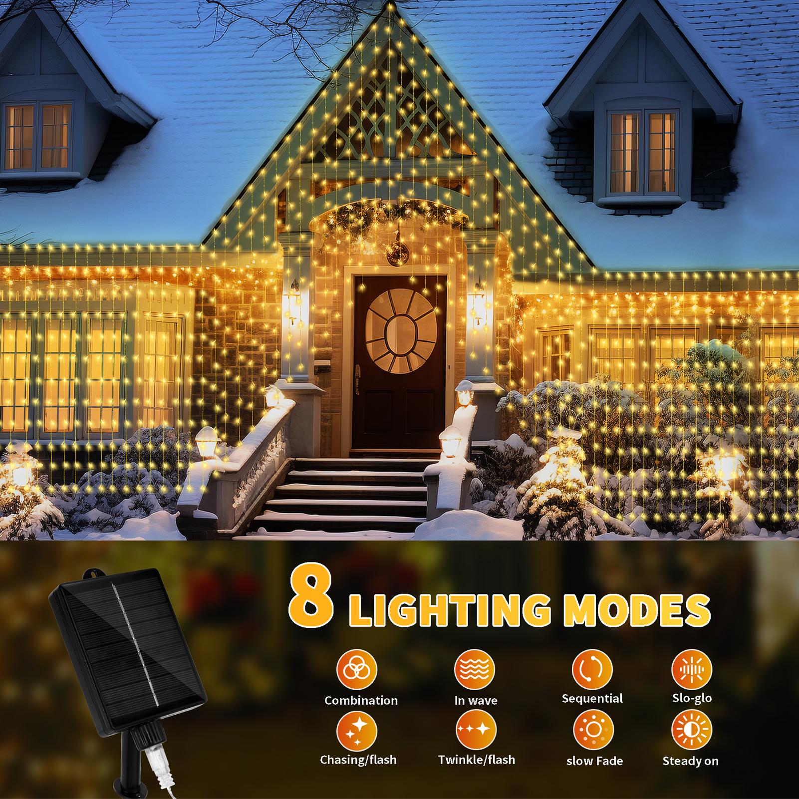 40FT Large Size Solar Curtain Lights, 8 Modes Outdoor Solar String Icicle Lights,Solar Garden Christmas Lights Decortions for Patio,Gazebo,Eaves,Porch