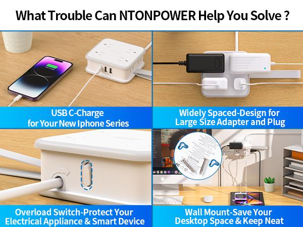 NTONPOWER Flat Plug Power Strip, 5 ft Extension Cord with 8 Widely Outlets and 3 USB Ports, 3 Side Outlet Extender, Wall Mount, Overload Potection, Compact Power Strip for Home, Dorm Room Essentials