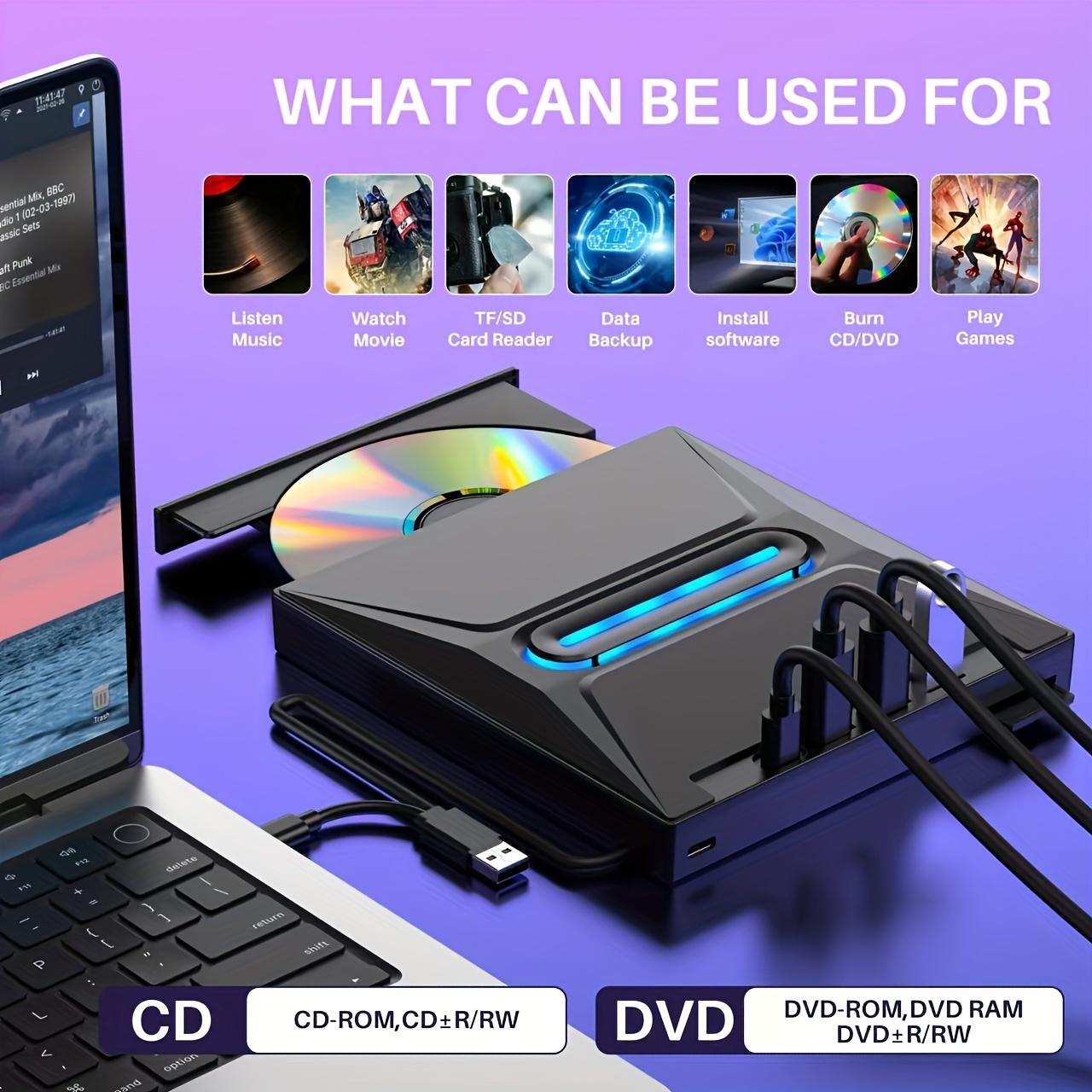 Upgraded Portable External CD DVD Drive, USB-Powered Type-C& USB 3.0 Multi-Function DVD+/-RW Writer/Burner with SD Card Reader, 3-Port USB Hub, Plug& Play for Windows, Linux, Apple OS