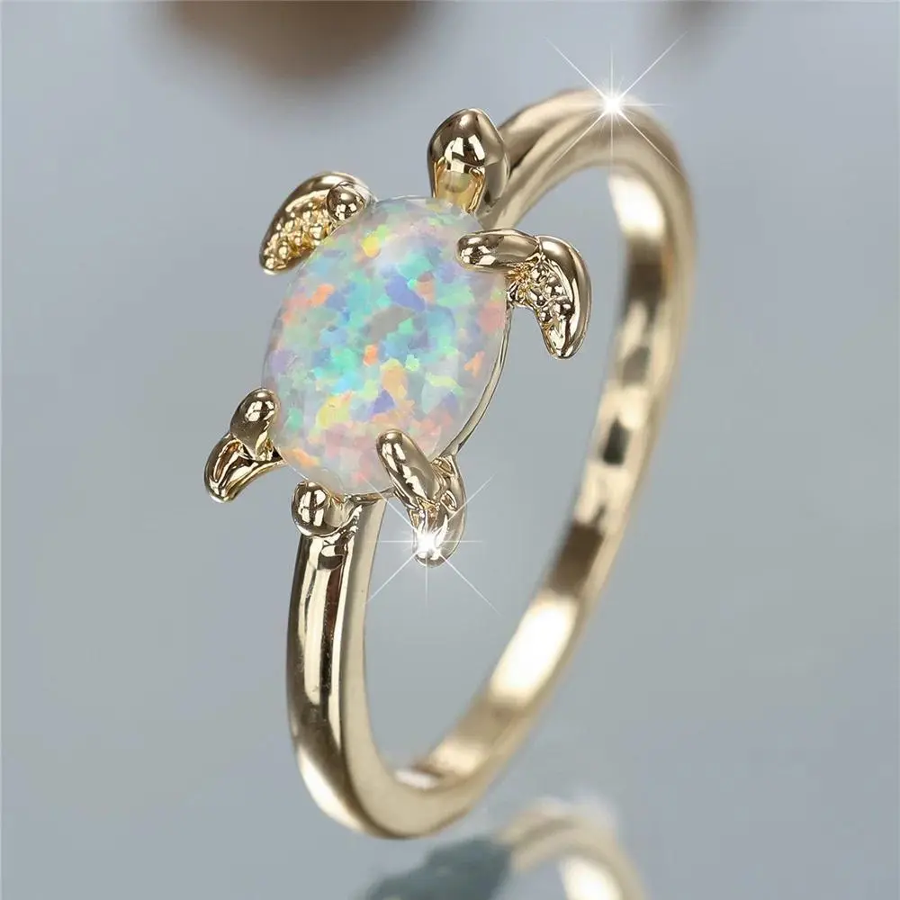 Women's Gold-Tone Round Stone Turtle Motif Ring, White Fire Opal Costume Jewelry for Engagement, Wedding Occasions