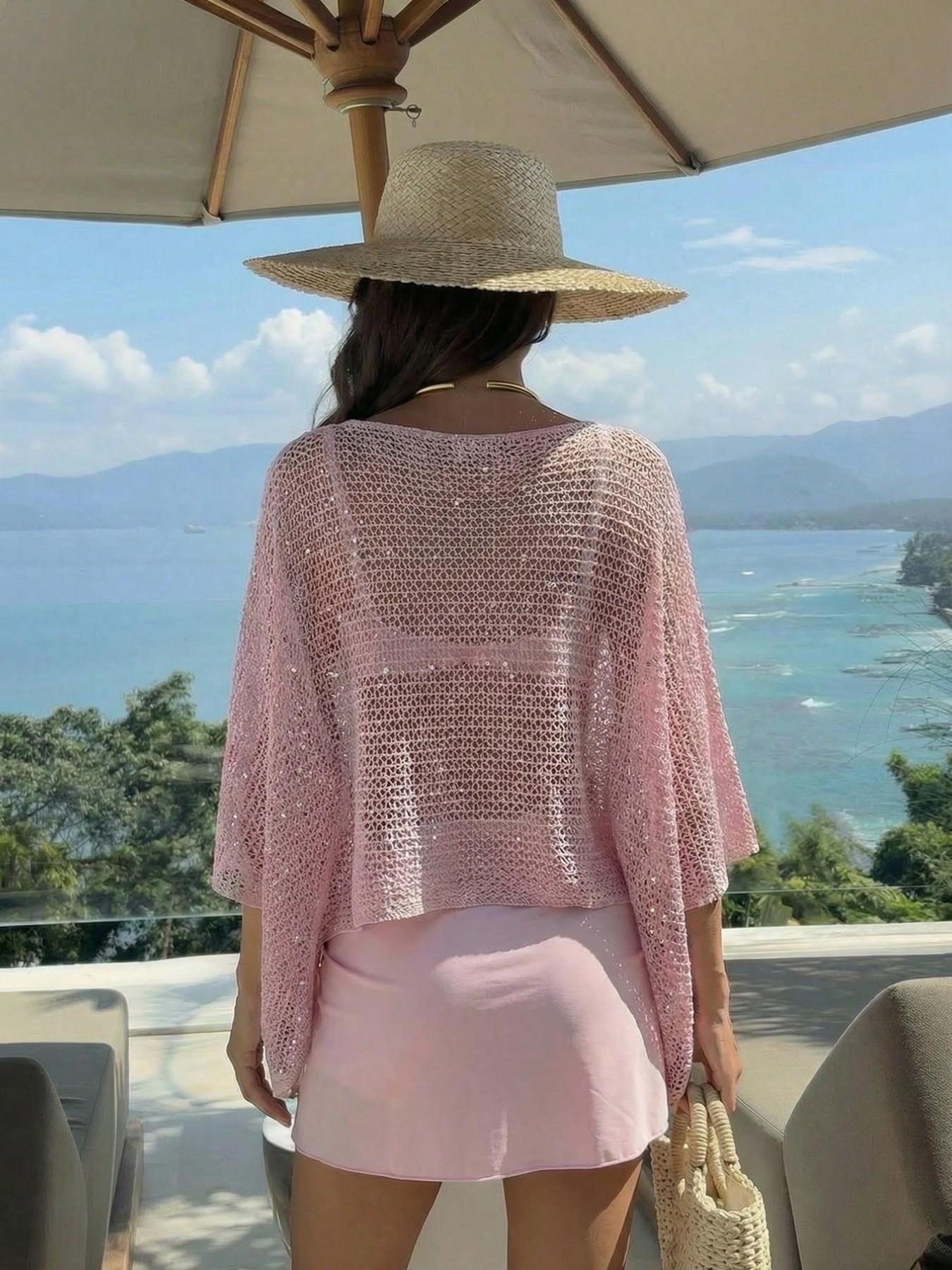 Elegant Women's Spring Summer Fashion Casual Knitted Hollow Out Hoodie, Sequin Boat Neck Pure Color Semi-Transparent Top