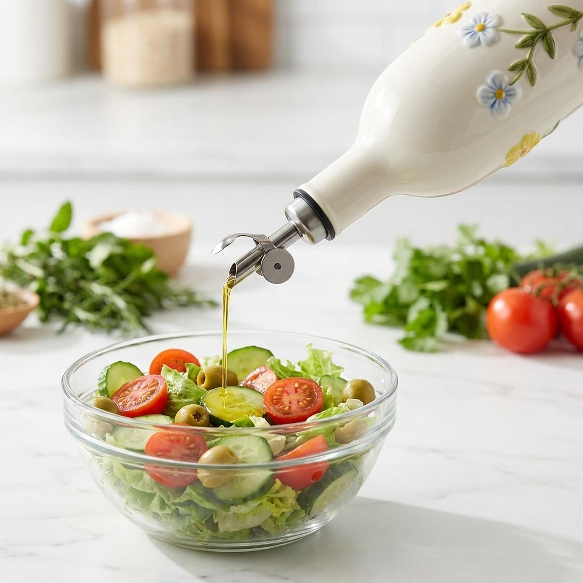 Rustic Wildflower Ceramic Oil Bottle, Automatic Flip Lid, Adjustable Spout, Ideal for Salad Dressing & Daily Cooking
