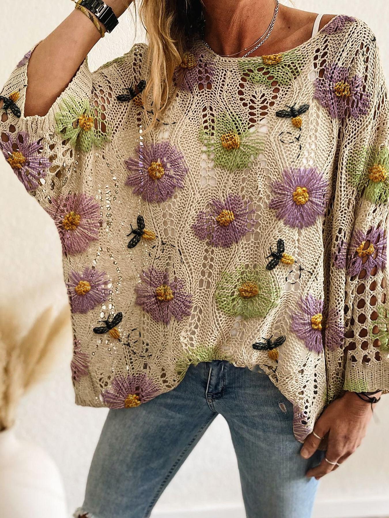 Elegant Women's Floral Print Knit Top, One-Shoulder Batwing Sleeve, Loose Fit, Spring Summer Fall Fashion, Ladies Casual Wear