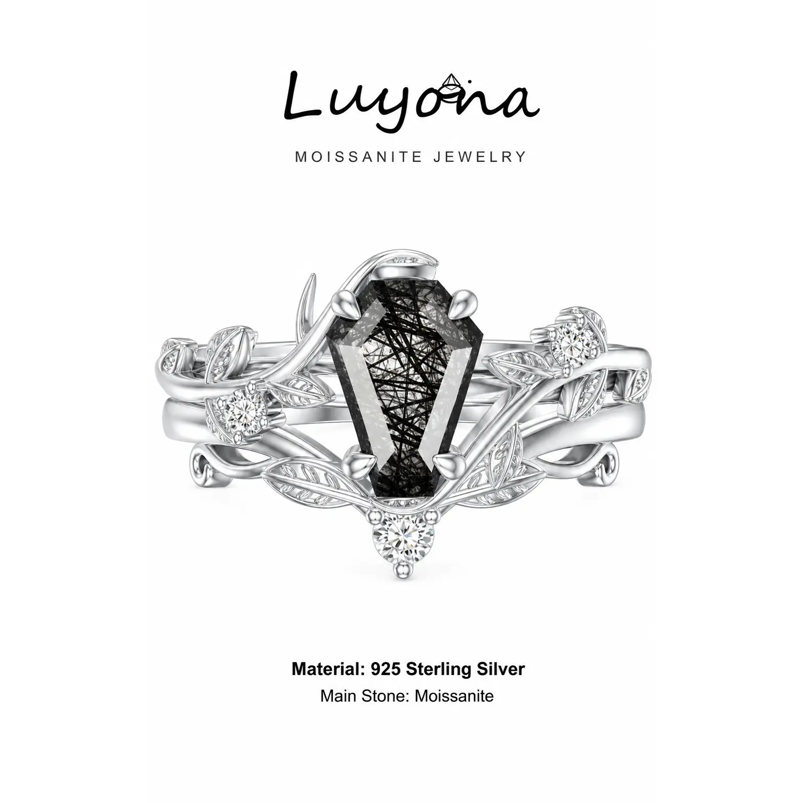 Luyona Women's S925 Sterling Silver Leaf Motif Romantic Non-Natural Crystal Ring - Unique Engagement Ring, Multiple Cuts (Emerald Coffin, Pear, Oval, Kite, Heart, Hexagon) Anniversary Jewelry Gift, Anniversary Gift, Romantic Non-Natural Crystal Rings