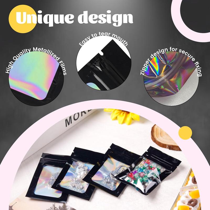 Mylar Holographic Bags 300 Pack with Clear Window Resealable Smell Proof Organiser Bags Zipper Foil Pouch for Samples Small Business Black 4x6 Inches - Aluminium