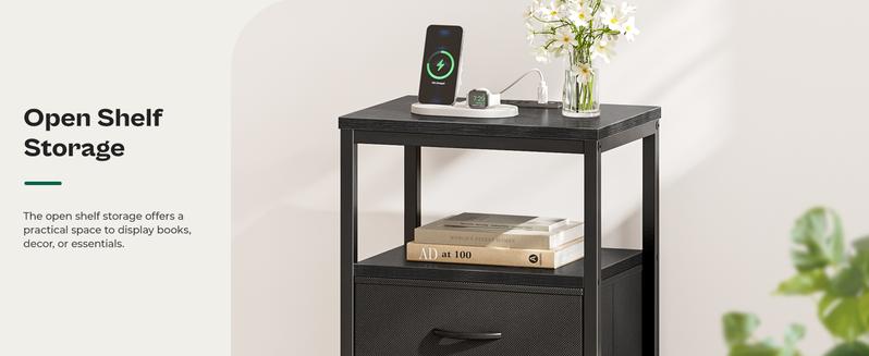 Huuger Night Stand with Charger Station and LED Lights, 2 Drawer Nightstand, Bed Side Table with Open Shelf, End Table, Fabric Dresser for Bedroom