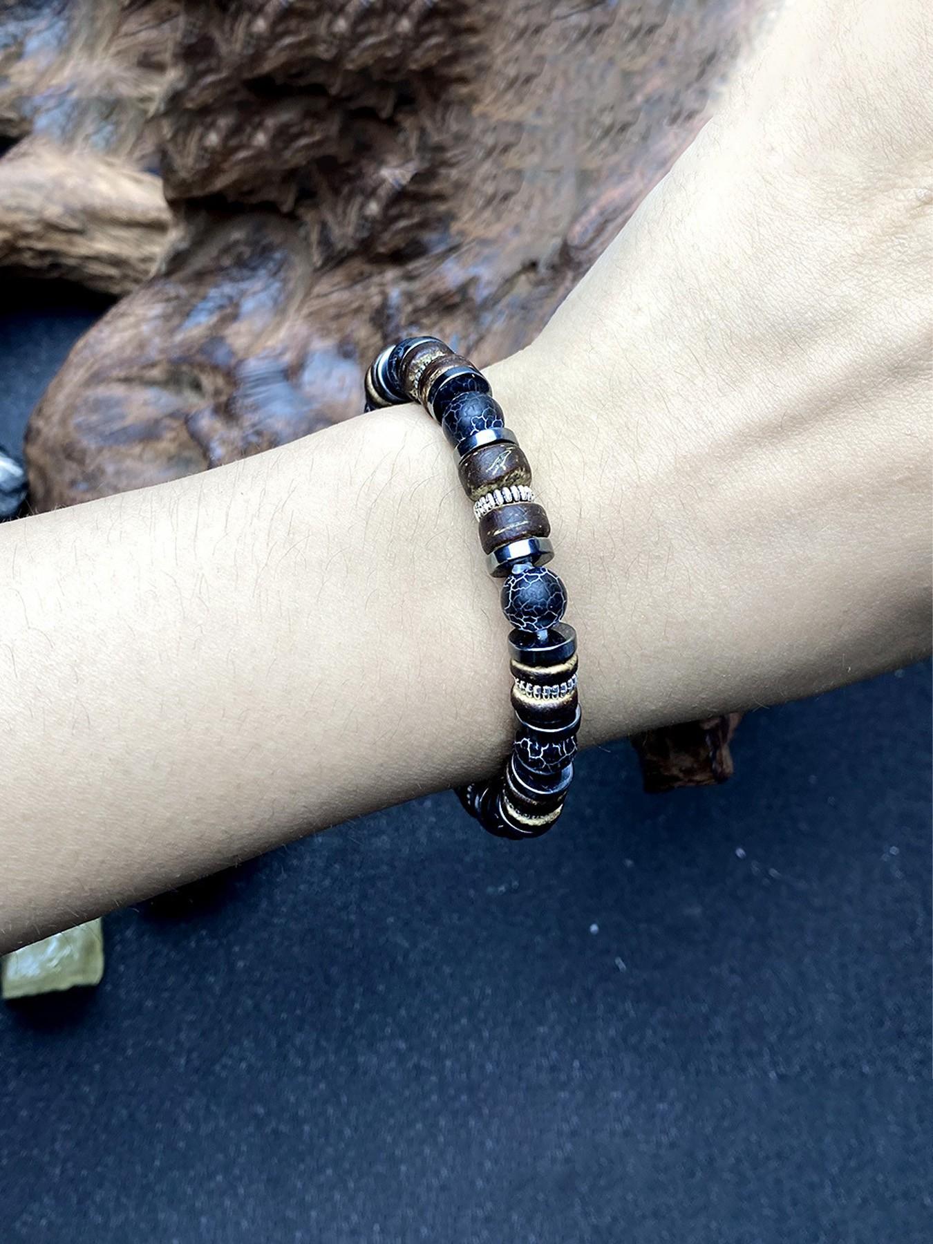 Natural Hematite & Weathered Wood Beaded Stretch Bracelet for Men, Retro Bangle, Rustic Earthy Style, Everyday Casual Wear, Thoughtful Gift