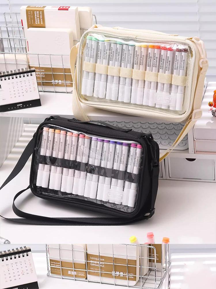 Mark Pen Storage Bag, Multi-Layer Organizer, Large Capacity Holds Up to 64 Mark Pens, Transparent Zippered Pouch with Shoulder Strap