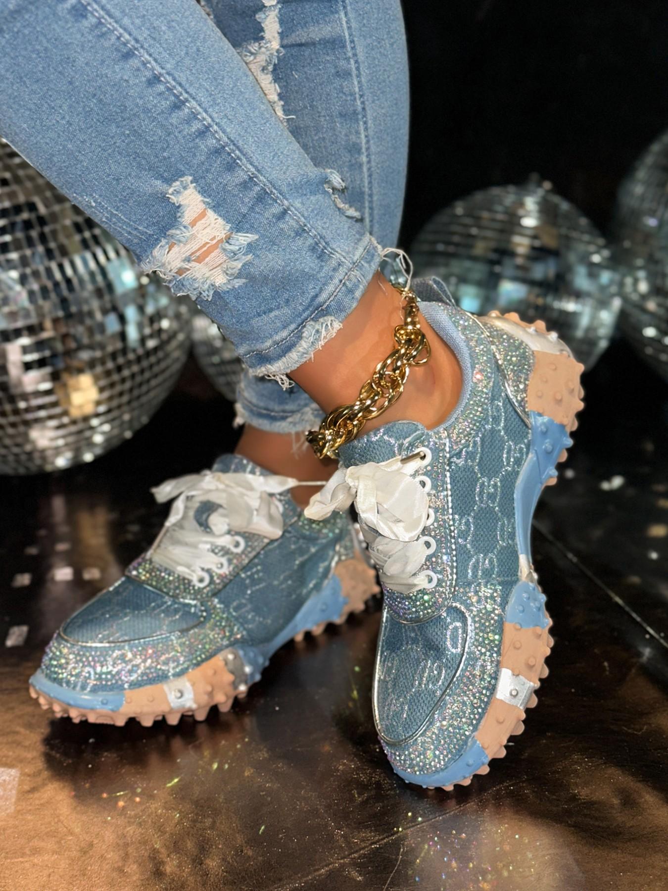 2026 Spring Denim Embellished Dad Shoes for Women, Thick Sole Height-Boosting Casual Sports Shoes, Comfortable and Stylish Footwear