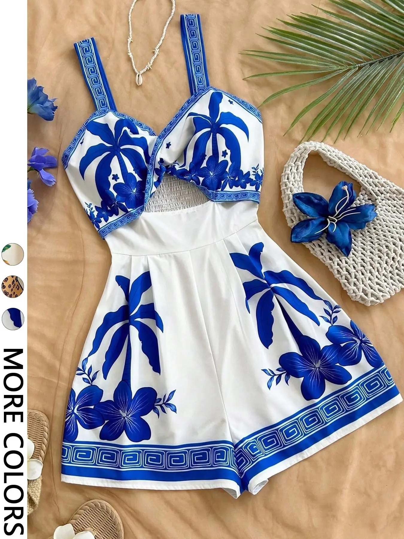 Women's Tropical Print Cutout One-Piece Shorts, Sleeveless Front Knot Beachwear, Summer Tropical Style, Casual Vacation, Modest Beachwear