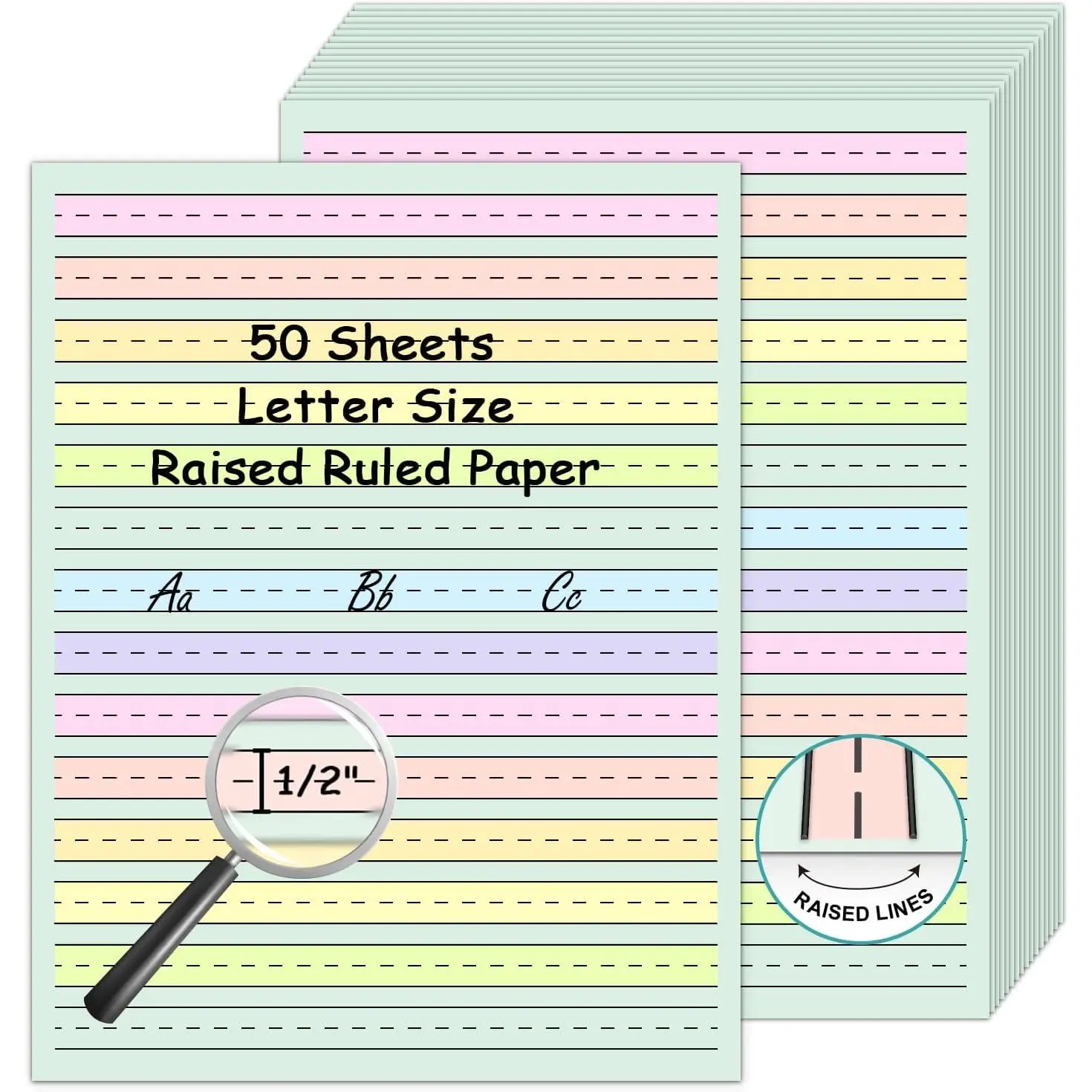 50 Sheets Handwriting Paper 8.5”x11” Double Side Colored Primary Writing Paper for  with  0.5” Tactile Writing Lines Spacing Multi-Sensory Ruled Handwriting Tablet Dysgraphia Pad for