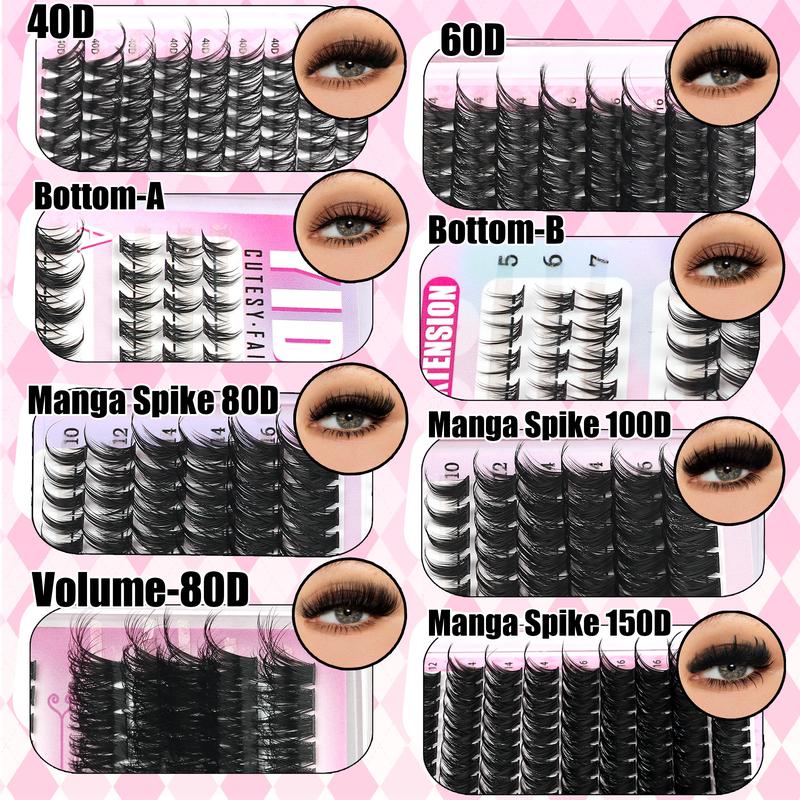 2102pcs/set Mixed Styles Lash Clusters Kit, 13 Styles Fairy A/B, Volume 40D/50D/60D/100D/150D and Bottom Eyelash Clusters Extensions with Bond and Seal, Makeup Tools for Beginners and Proficient, DIY at Home with Eyelash Extension Tweezers