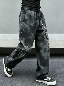 Men's American Street Style Tie-Dye Wide-Leg Sweatpants, Comfortable Breathable Fabric, Vintage Tie-Dye, Thorns Vines, Japanese Print, Drawstring Waist