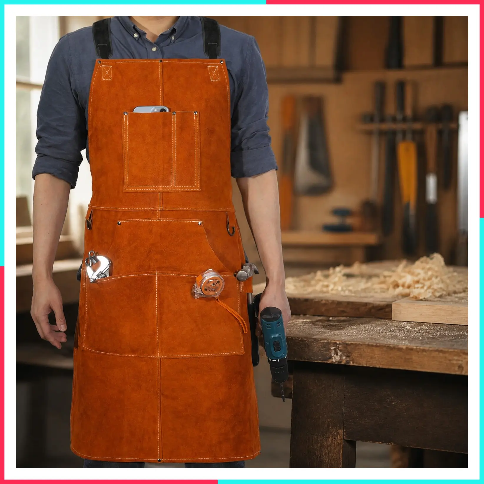 Leather Welding Apron with 6 Pockets, Heat & Flame Resistant for Blacksmith