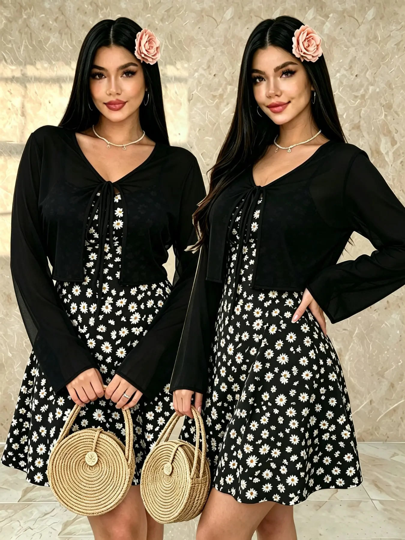 Plus Size Floral Daisy Print Halter Neck Dress + Mesh Sun Protection Cardigan Set, Beach Dress Set, Beachwear Sundress, Casual Wear, Slimming and Versatile, Lightweight, Summer, 2 Pieces