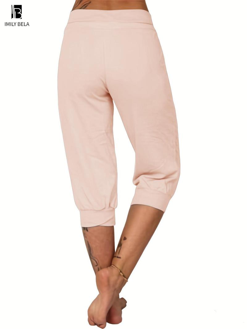 Women's Plain Drawstring Waist Capris Pants, Casual Pocket Trousers for Daily Wear, Ladies Bottoms for All Seasons, Casual Chic Bottoms