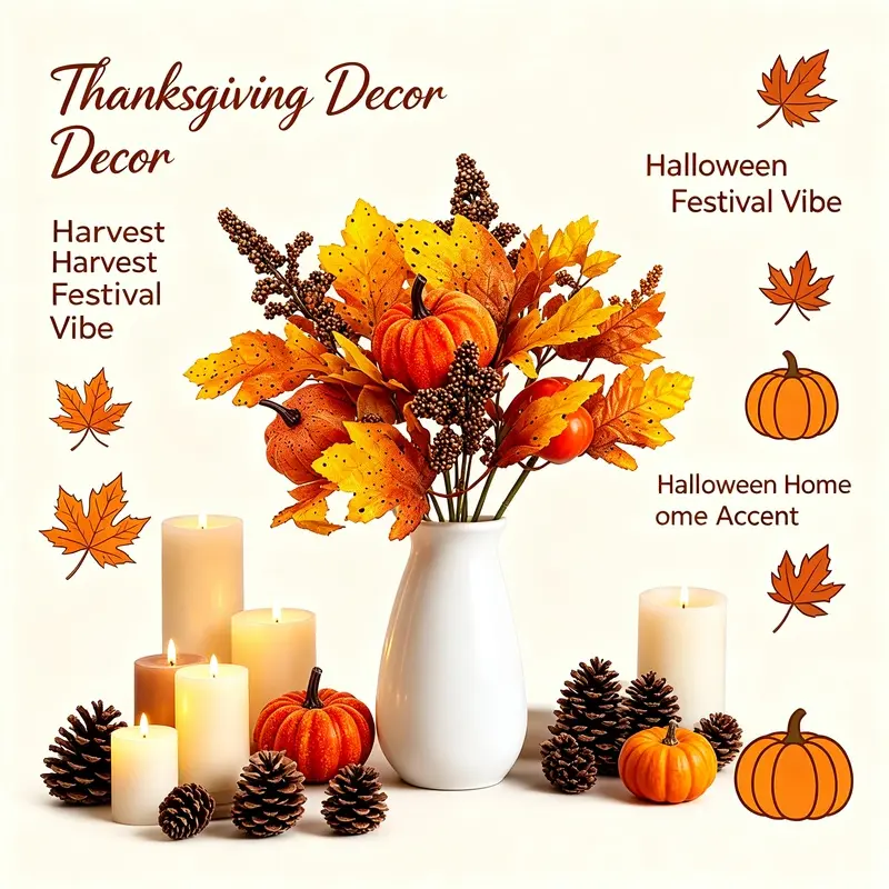 Artificial Fall Bouquet with Maple Leaves, Pumpkins, Berries & Cloth Bag, Harvest Vibes Tabletop Decor Bundle, Farmhouse Home Table-Entryway Thanksgiving Floral Pick