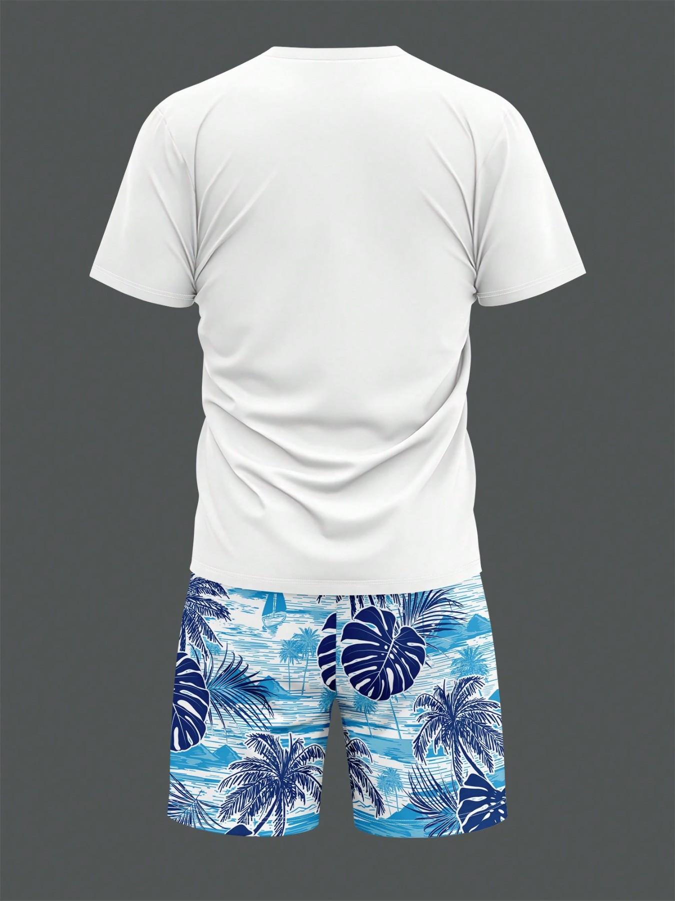 Summer Men's Outdoor Round Neck Short Sleeve T-Shirt and Shorts Set, Vacation Style All over Print, Fitted, Above the Knee