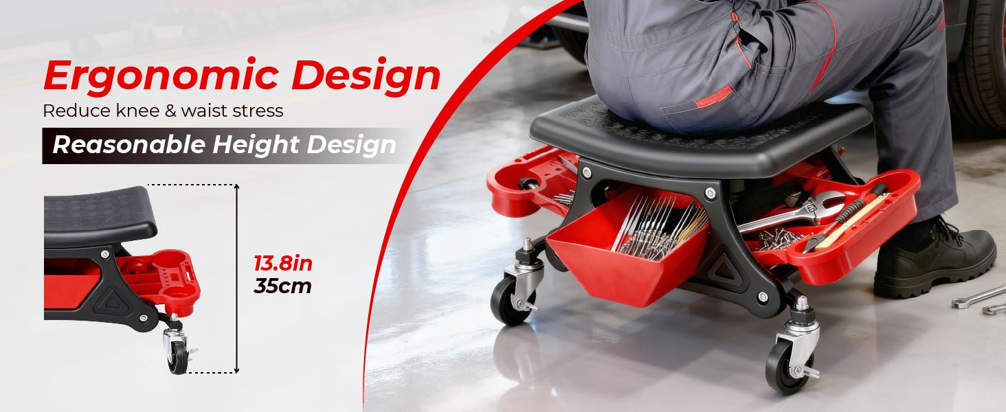 Heavy Duty Rolling Mechanic Stool with Casters, 300 LBS Capacity, Slide-Out Tool Trays & Drawer, Car Repair Tools for Mechanics’ Repair Work (Red)