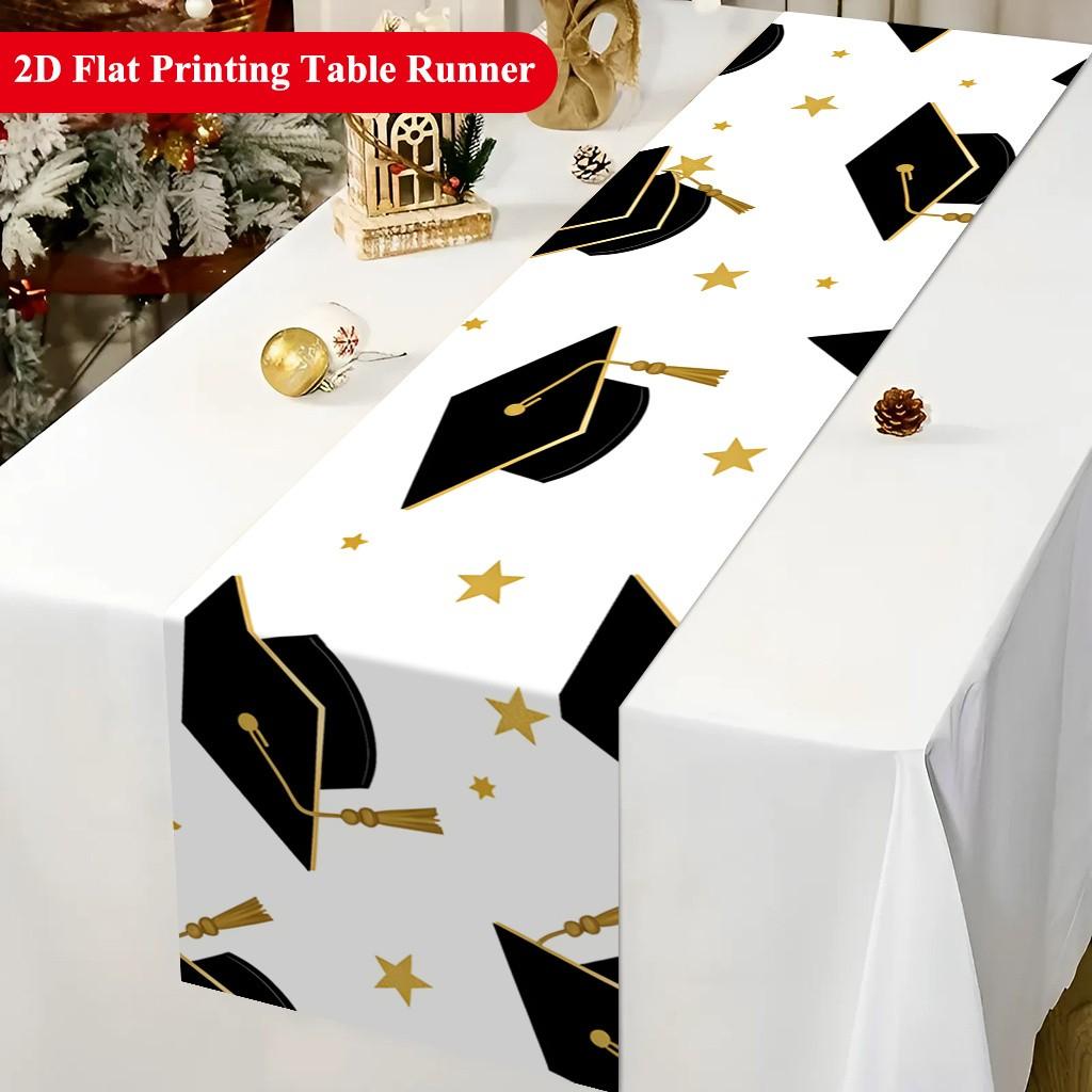 2D Table Runner, Graduation Hat and Stars Polyester Tablecloth, Festival Party Table Cover, Home Decor, Dining Table Decoration, Gift