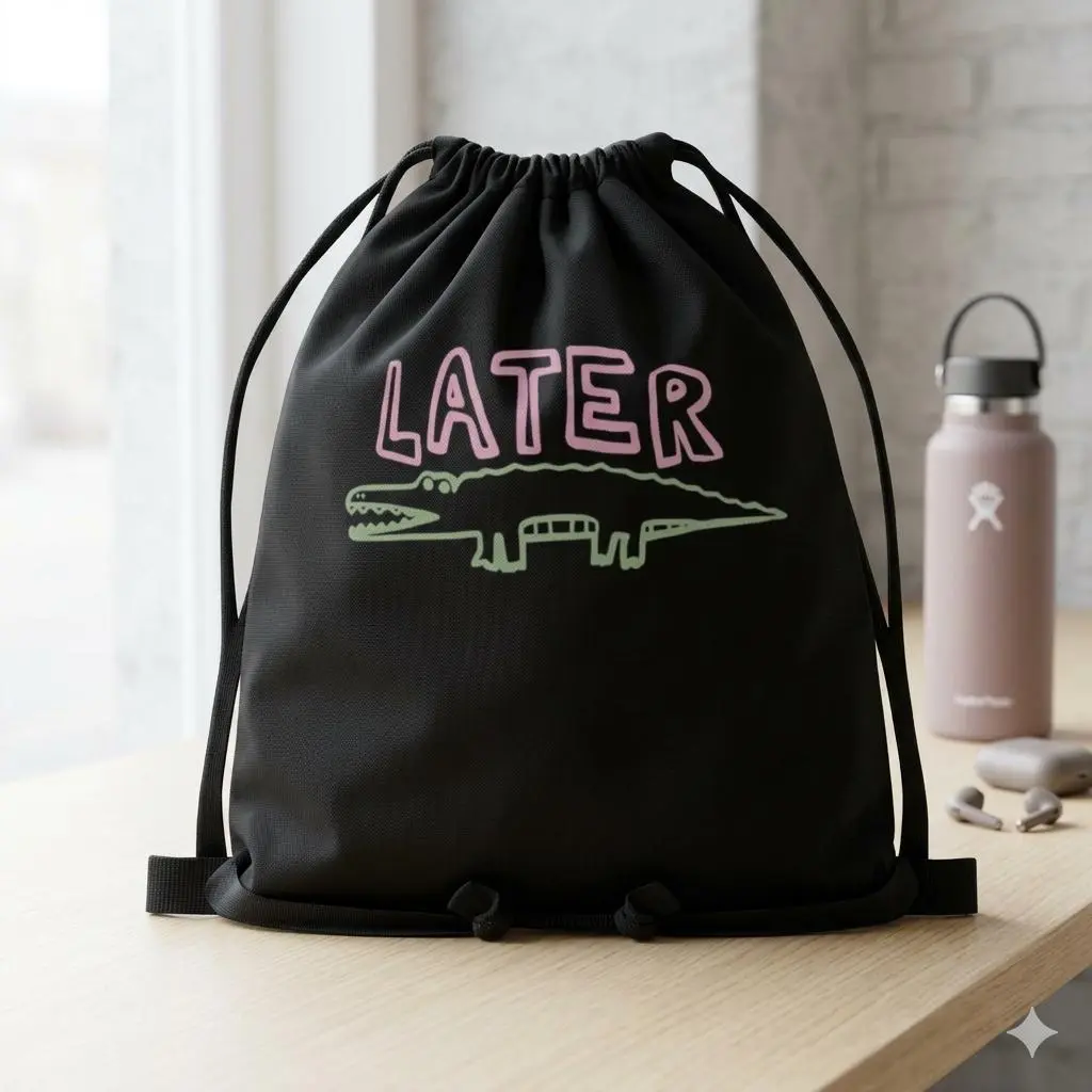 "See You Later Alligator" Drawstring Backpack | Funny Pun Cinch Bag for School & Gym, Cute Line Art Sackpack