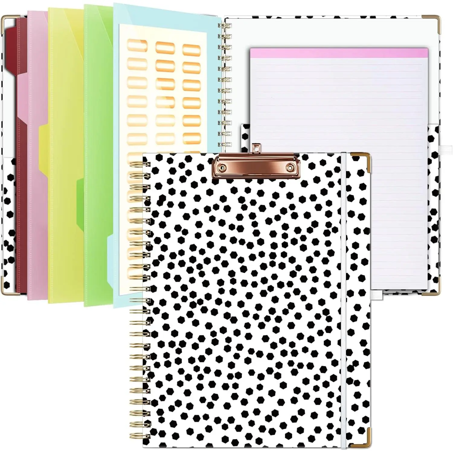 Clipboard with Storage 8.5 X 11,Padfolio Organizer, Spiral Portfolio Letter Size with Notepad, Pen Holder, 5 Extra Folder Divider Pages, Elastic Closure Nurse Office Essentials (Polka Dots)