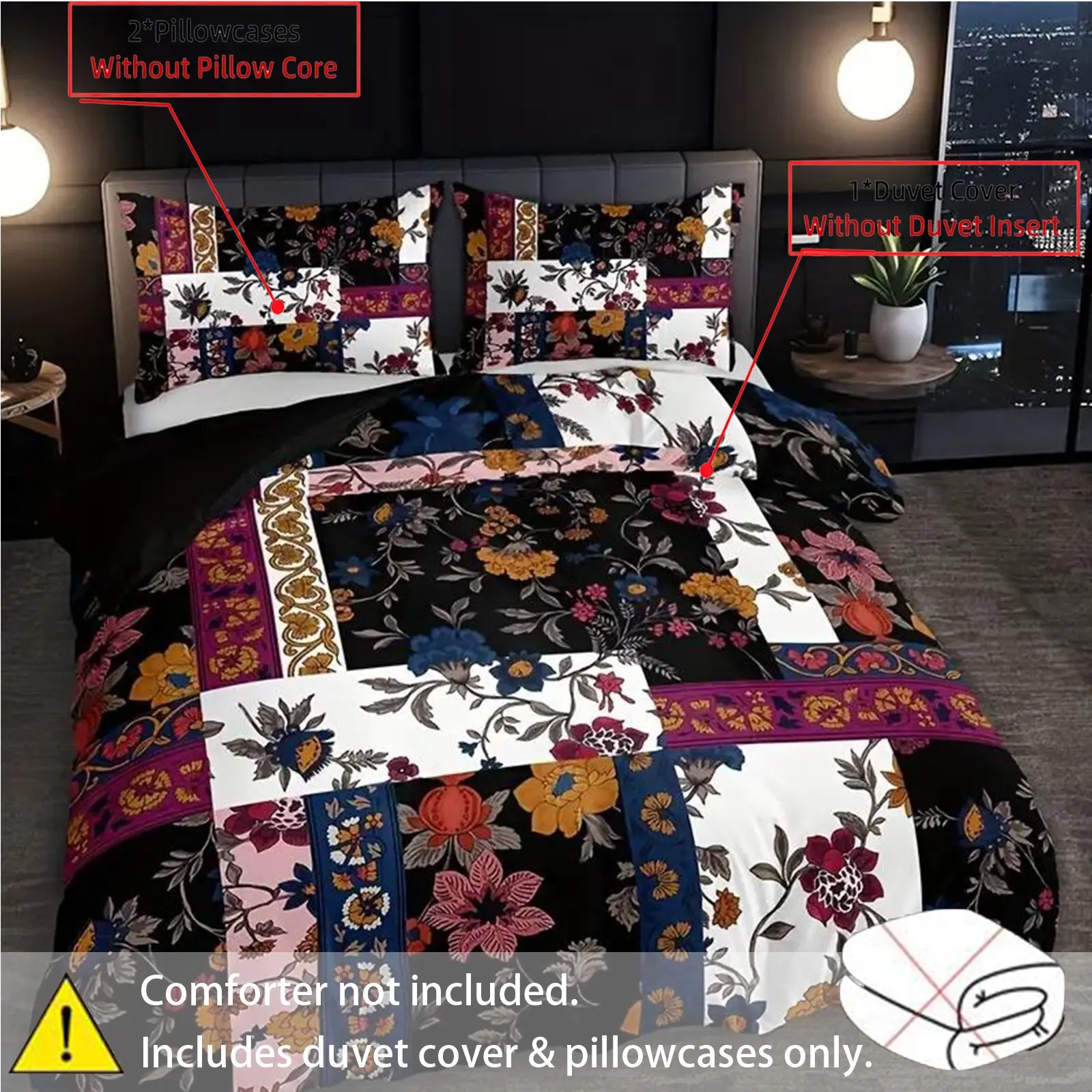Super soft floral patchwork duvet set includes duvet cover 1+pillowcase 2 (unfilled) with black and white and colorful floral patterns, machine washable polyester material, warm bedroom decoration | patchwork design, bedding set