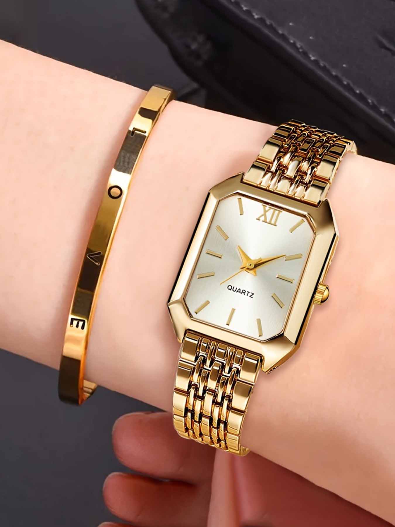 2pcs- women's watch gift set, a casual quartz watch set with fashionable and trendy open bracelet combination, classic retro rectangular dial, comfortable alloy strap, perfect gift for family and friends, ideal for Easter or casual wear (box not included)