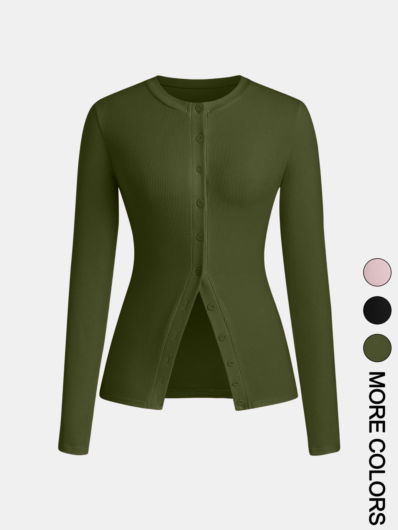 Women's Casual Round Neck Long Sleeve Button Front Top, Basic Solid Color Design, Extended Length, Perfect for Daily Wear, Womenswear